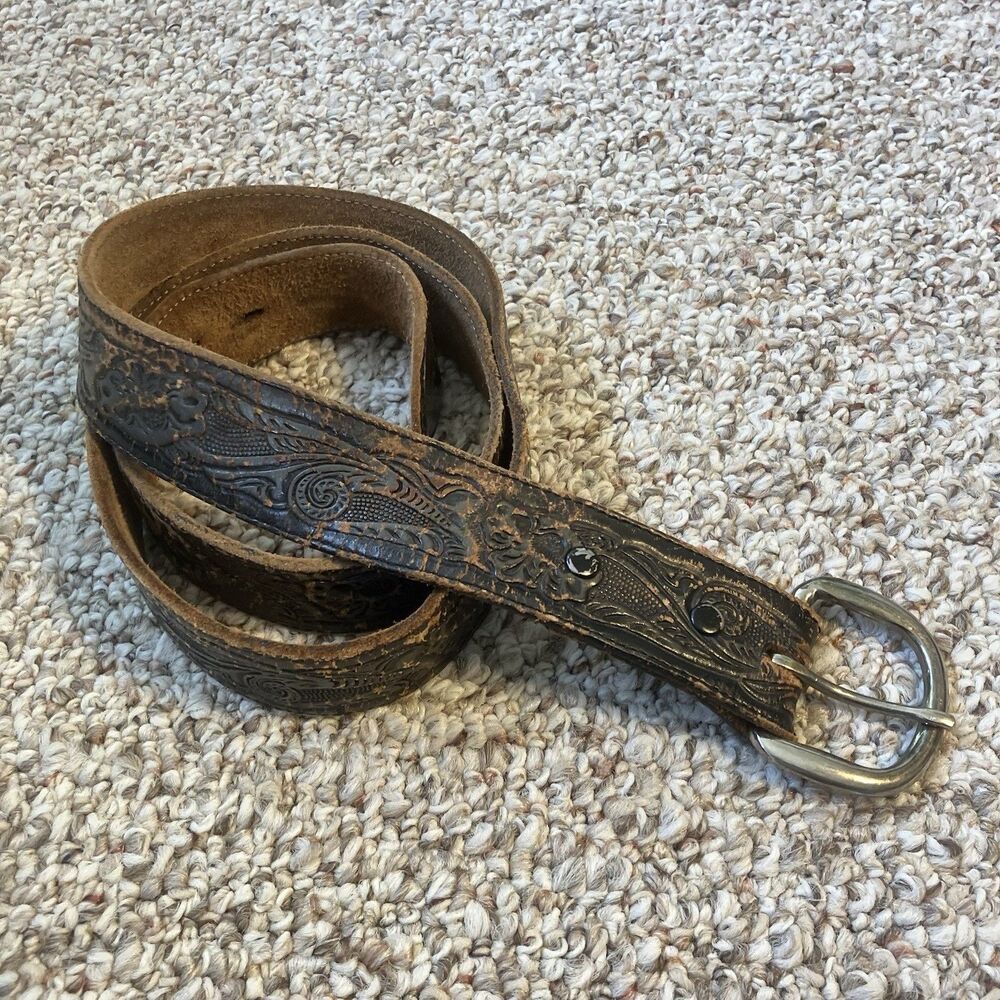 Womens Super Distressed Tooled Leather Belt Floral Boho Western Brown Rustic 44"
